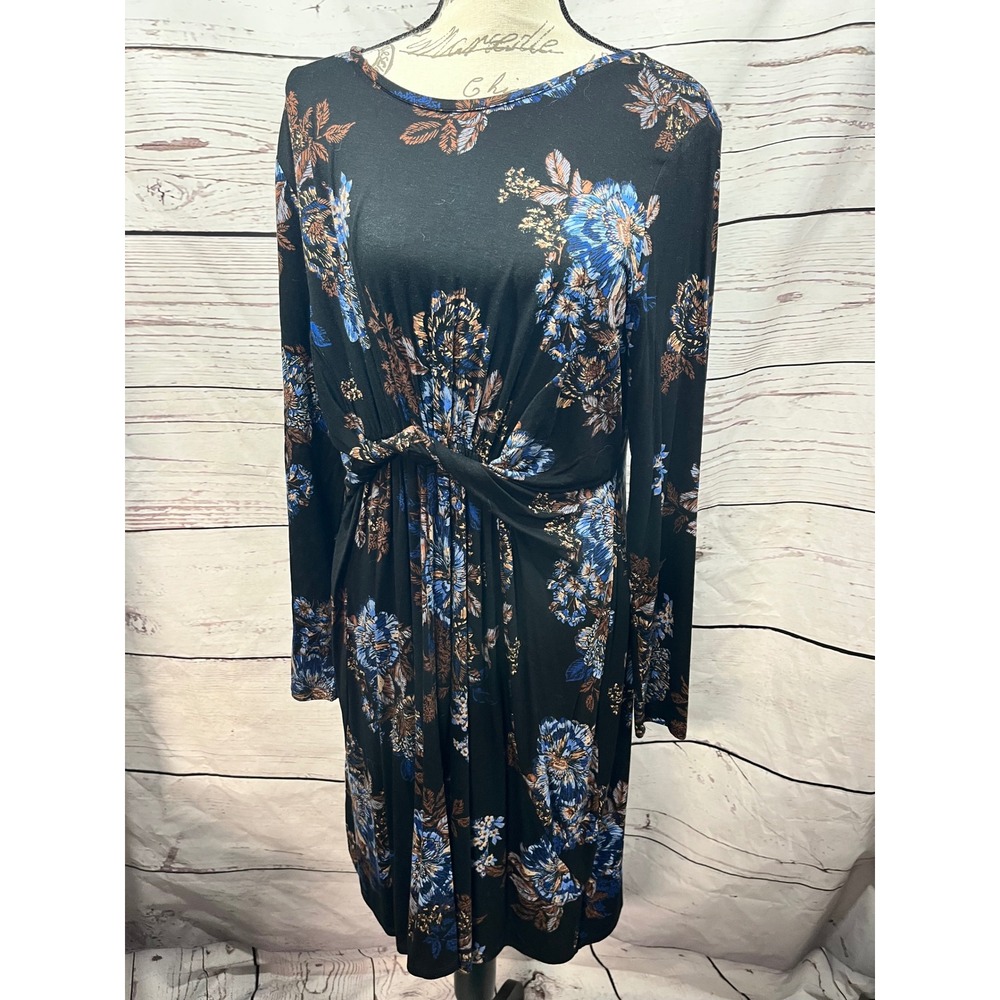 maurices 24/7 Womens Black Floral Twist Front Long Sleeve Dress Size Large‎